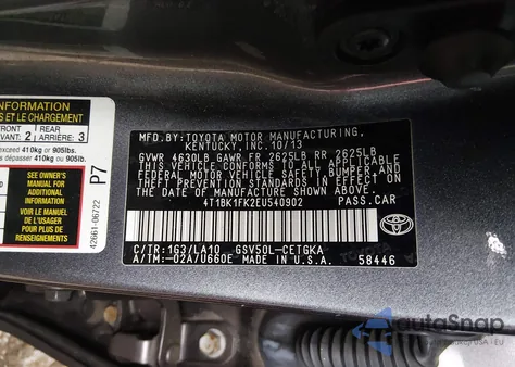 2014 Toyota Camry Xle V6 z USA, uszkodzony, nr VIN 4T1BK1FK2EU540902